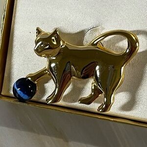 Gold Cat with Blue Jewel Brooch.
